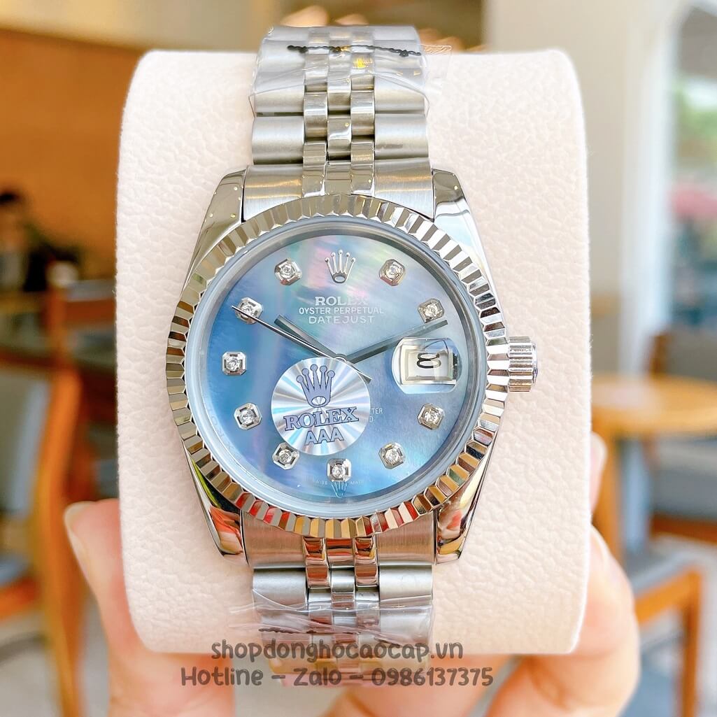 Đồng Hồ Rolex Datejust Cơ Tự Động Dây Kim Loại Bạc Mặt Xanh Xà Cừ 36mm Unisex