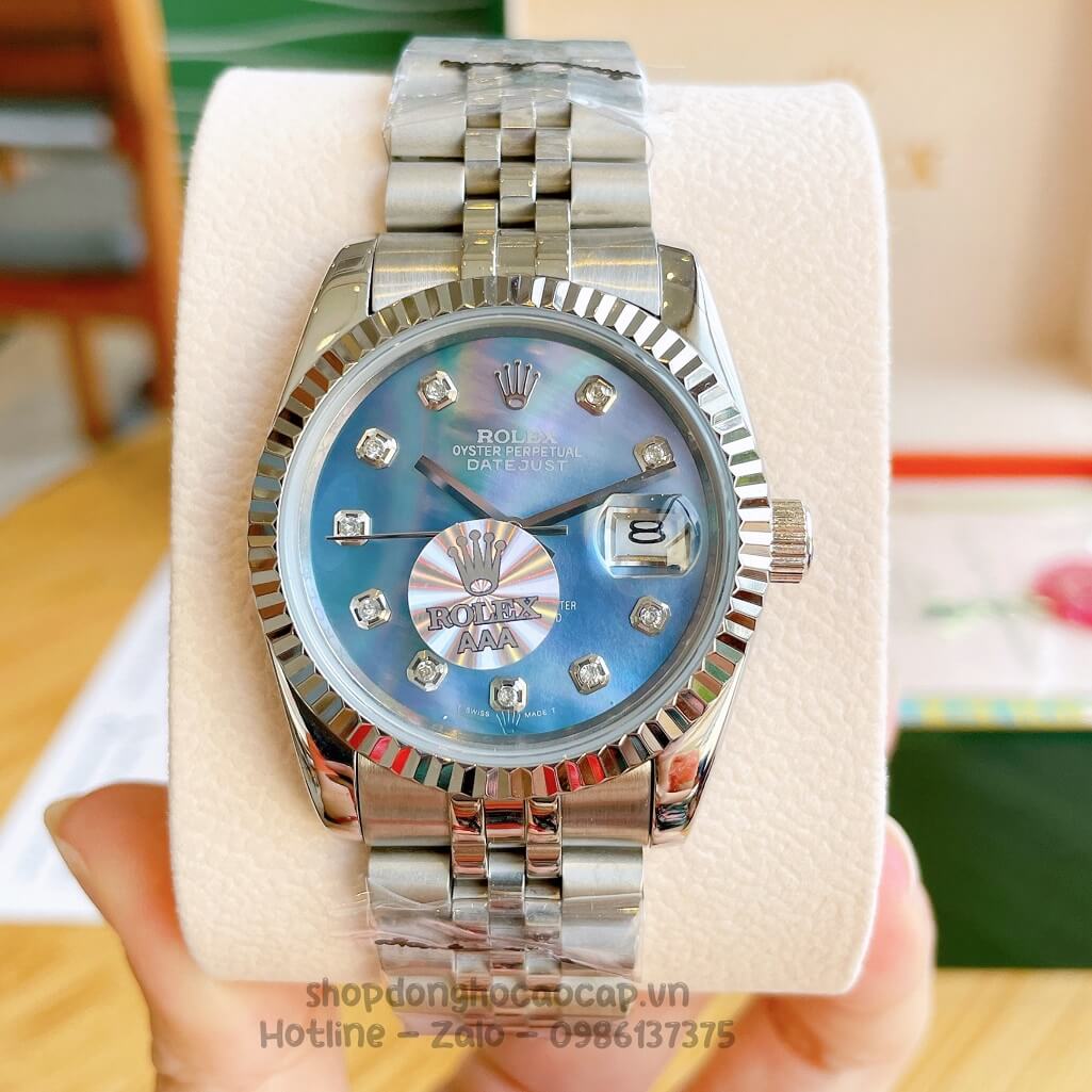 Đồng Hồ Rolex Datejust Cơ Tự Động Dây Kim Loại Bạc Mặt Xanh Xà Cừ 36mm Unisex