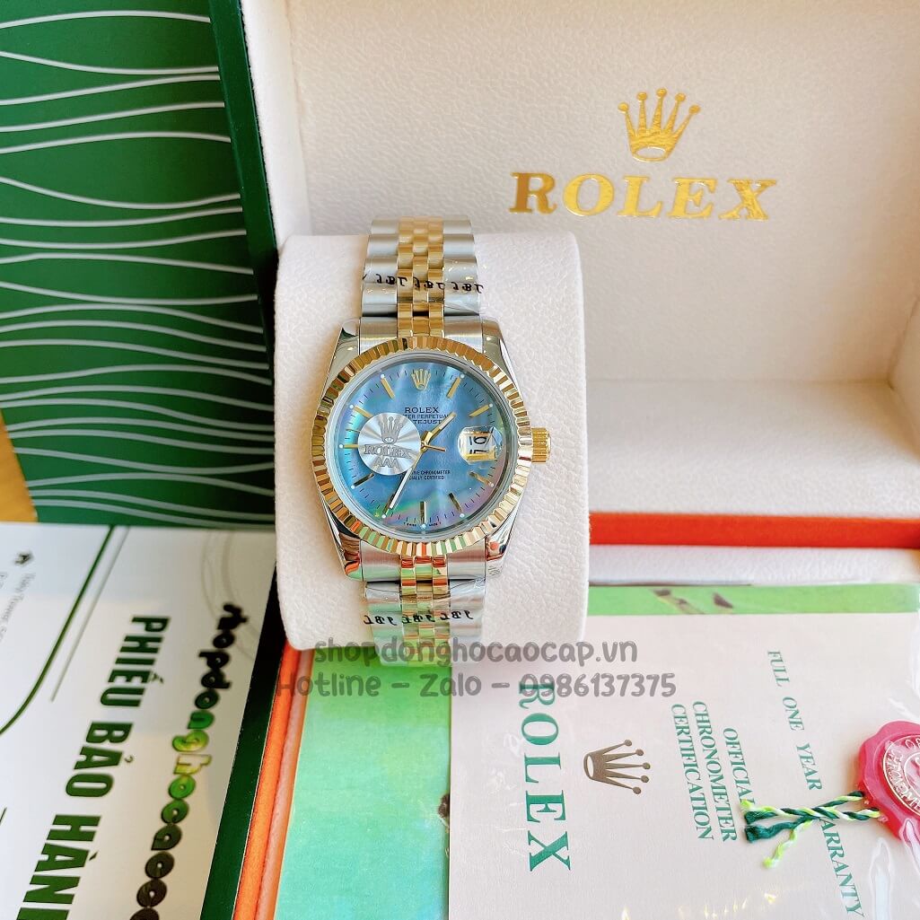 Đồng Hồ Rolex Datejust Cơ Tự Động Dây Kim Loại Demi Mặt Xanh Xà Cừ 36mm Unisex