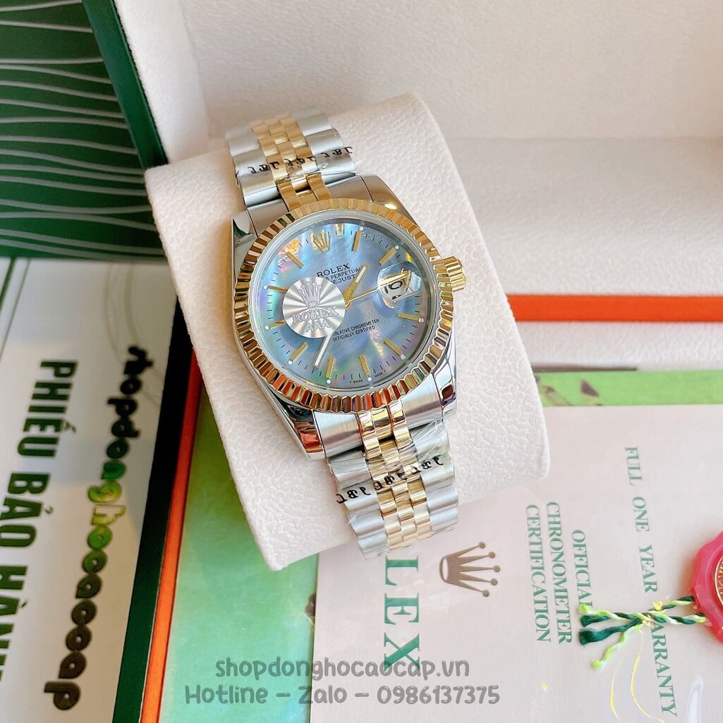 Đồng Hồ Rolex Datejust Cơ Tự Động Dây Kim Loại Demi Mặt Xanh Xà Cừ 36mm Unisex