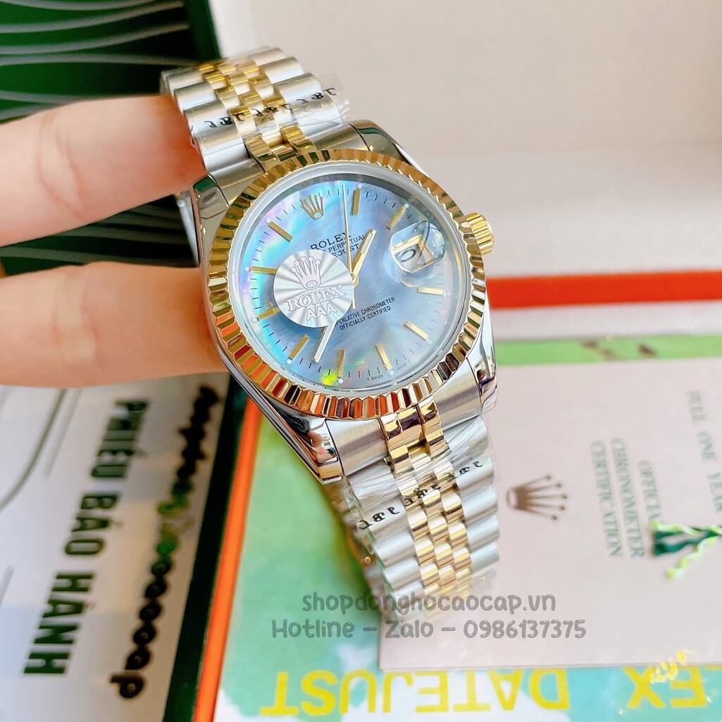 Đồng Hồ Rolex Datejust Cơ Tự Động Dây Kim Loại Demi Mặt Xanh Xà Cừ 36mm Unisex