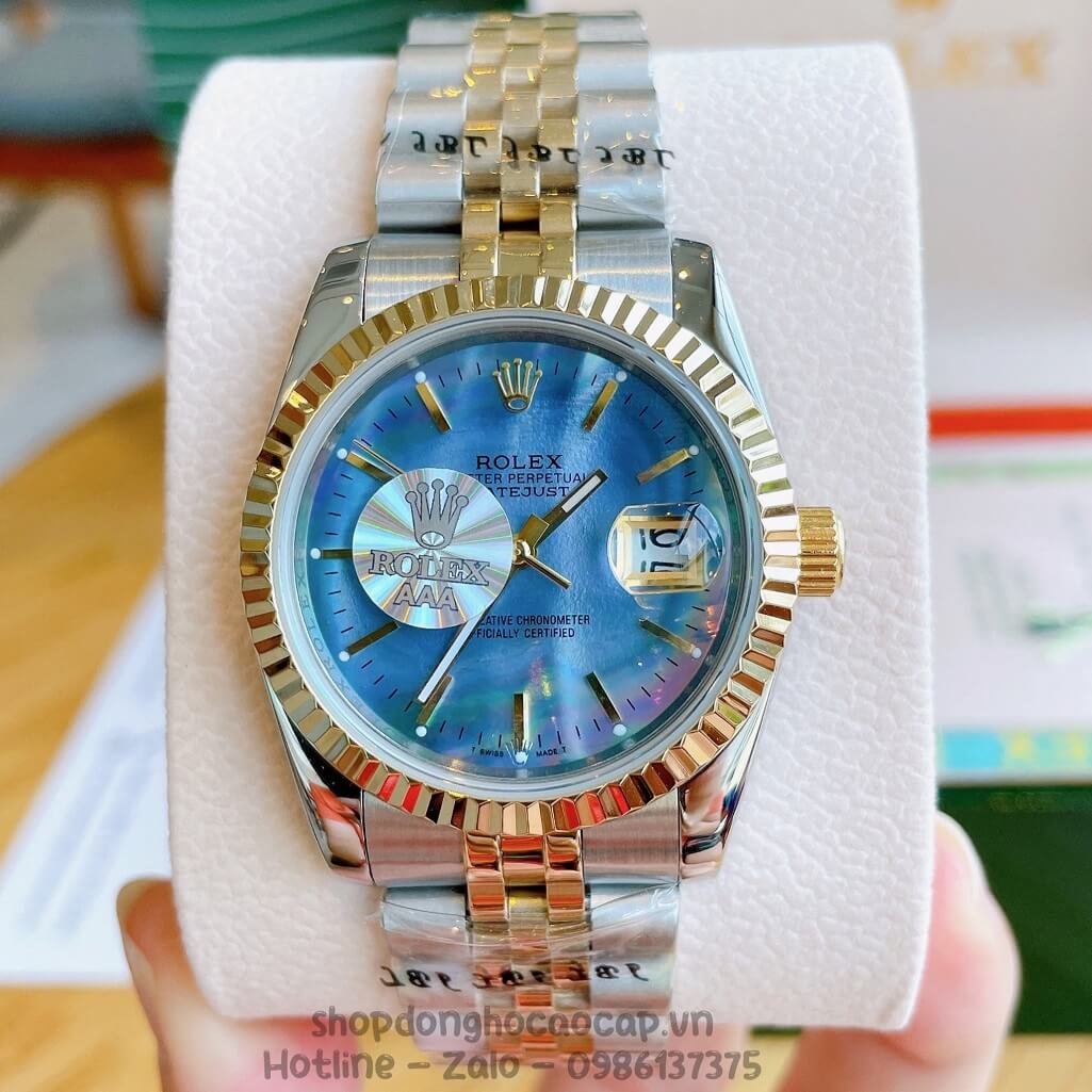 Đồng Hồ Rolex Datejust Cơ Tự Động Dây Kim Loại Demi Mặt Xanh Xà Cừ 36mm Unisex