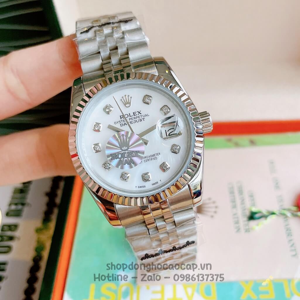 Đồng Hồ Rolex Datejust Cơ Tự Động Dây Kim Loại Bạc Mặt Trắng Xà Cừ 36mm Unisex