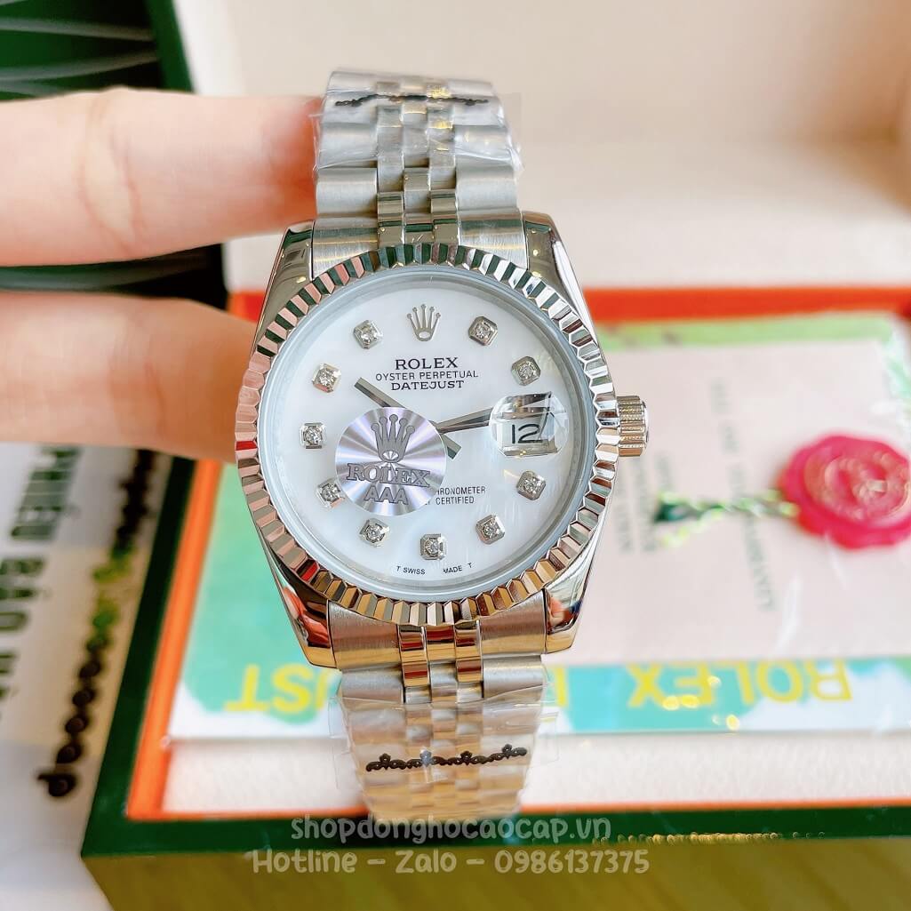 Đồng Hồ Rolex Datejust Cơ Tự Động Dây Kim Loại Bạc Mặt Trắng Xà Cừ 36mm Unisex