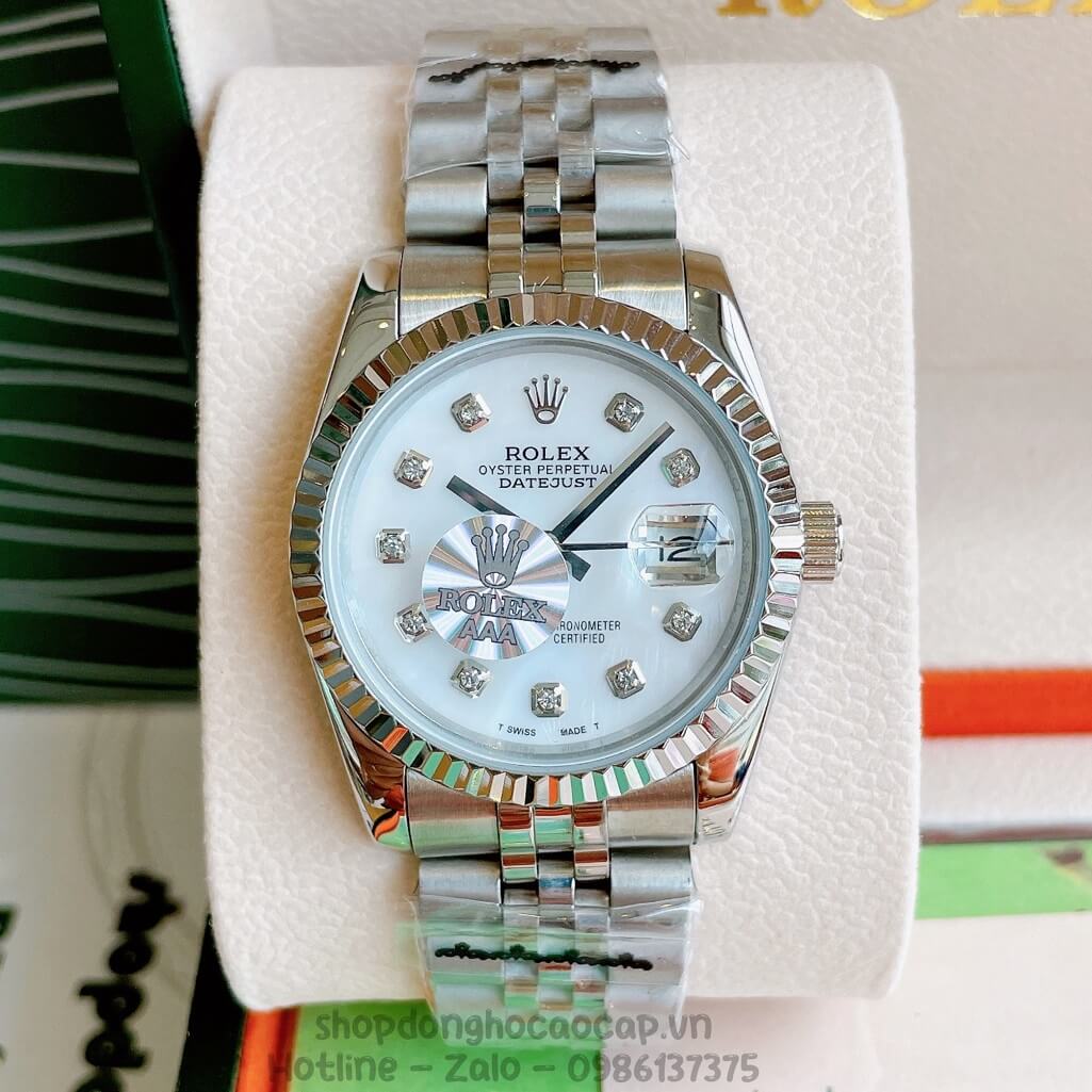 Đồng Hồ Rolex Datejust Cơ Tự Động Dây Kim Loại Bạc Mặt Trắng Xà Cừ 36mm Unisex