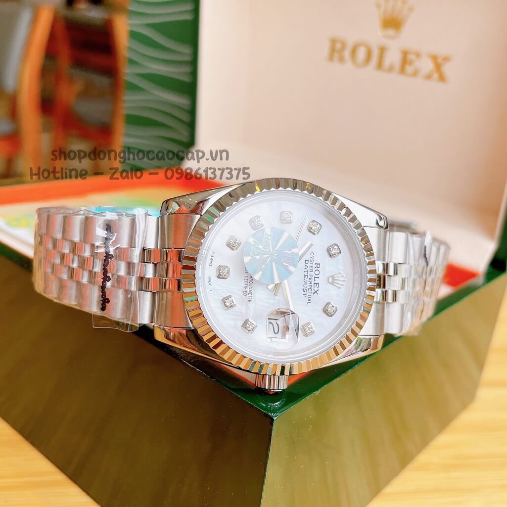 Đồng Hồ Rolex Datejust Cơ Tự Động Dây Kim Loại Bạc Mặt Trắng Xà Cừ 36mm Unisex
