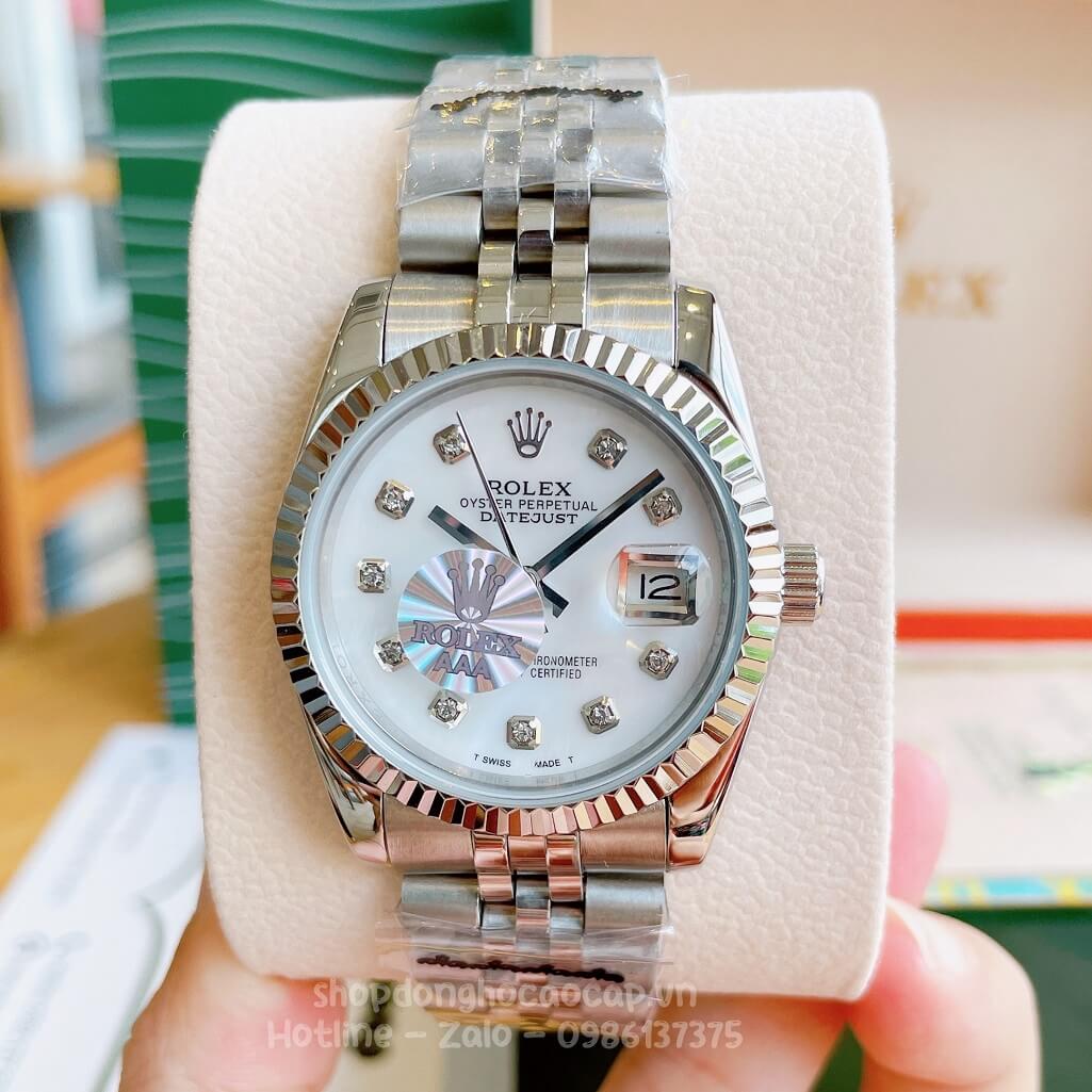 Đồng Hồ Rolex Datejust Cơ Tự Động Dây Kim Loại Bạc Mặt Trắng Xà Cừ 36mm Unisex