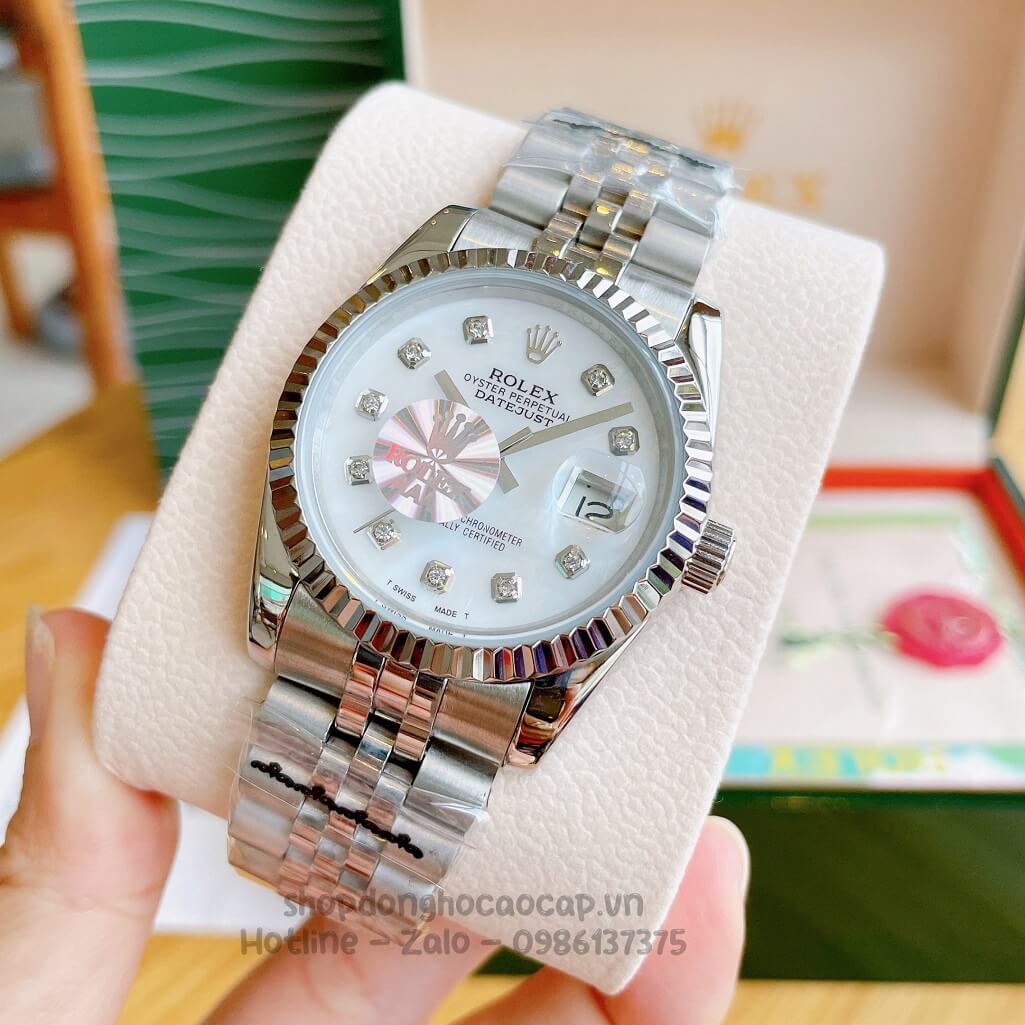 Đồng Hồ Rolex Datejust Cơ Tự Động Dây Kim Loại Bạc Mặt Trắng Xà Cừ 36mm Unisex