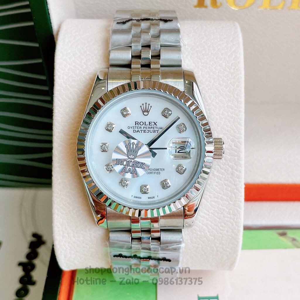 Đồng Hồ Rolex Datejust Cơ Tự Động Dây Kim Loại Bạc Mặt Trắng Xà Cừ 36mm Unisex