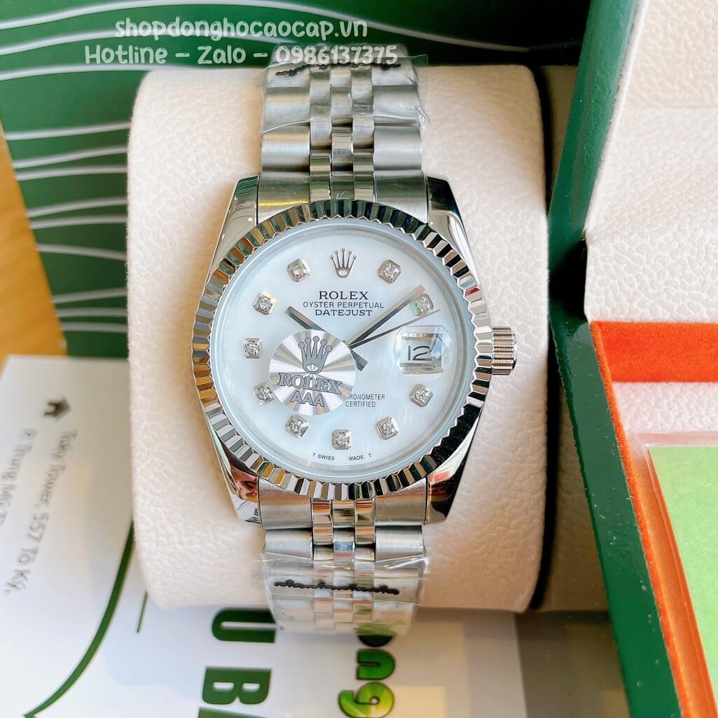 Đồng Hồ Rolex Datejust Cơ Tự Động Dây Kim Loại Bạc Mặt Trắng Xà Cừ 36mm Unisex