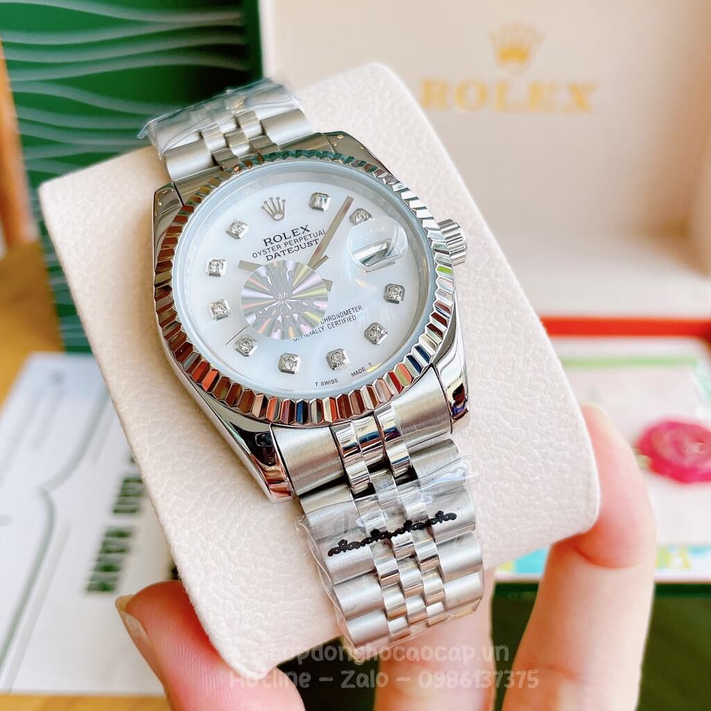 Đồng Hồ Rolex Datejust Cơ Tự Động Dây Kim Loại Bạc Mặt Trắng Xà Cừ 36mm Unisex