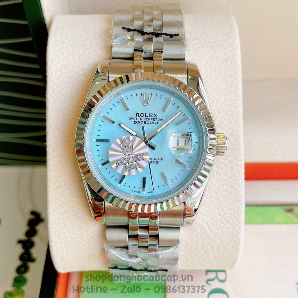 Đồng Hồ Rolex Datejust Cơ Tự Động Dây Kim Loại Bạc Mặt Xanh Xà Cừ 36mm Unisex