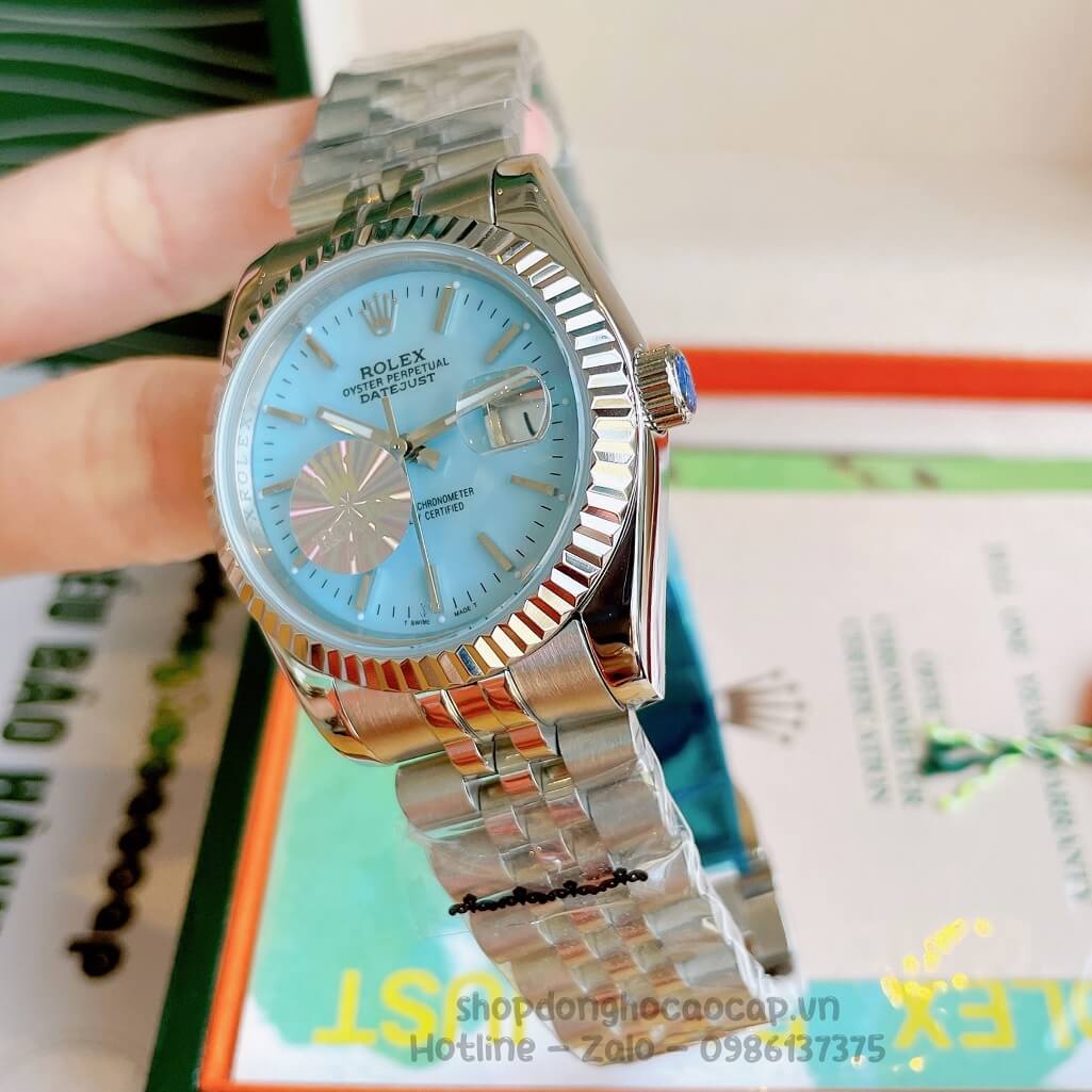 Đồng Hồ Rolex Datejust Cơ Tự Động Dây Kim Loại Bạc Mặt Xanh Xà Cừ 36mm Unisex