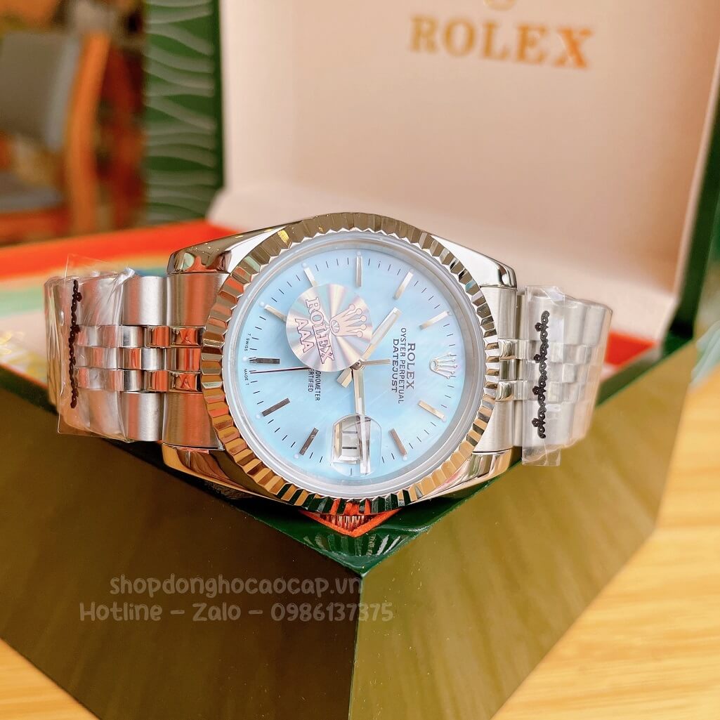 Đồng Hồ Rolex Datejust Cơ Tự Động Dây Kim Loại Bạc Mặt Xanh Xà Cừ 36mm Unisex