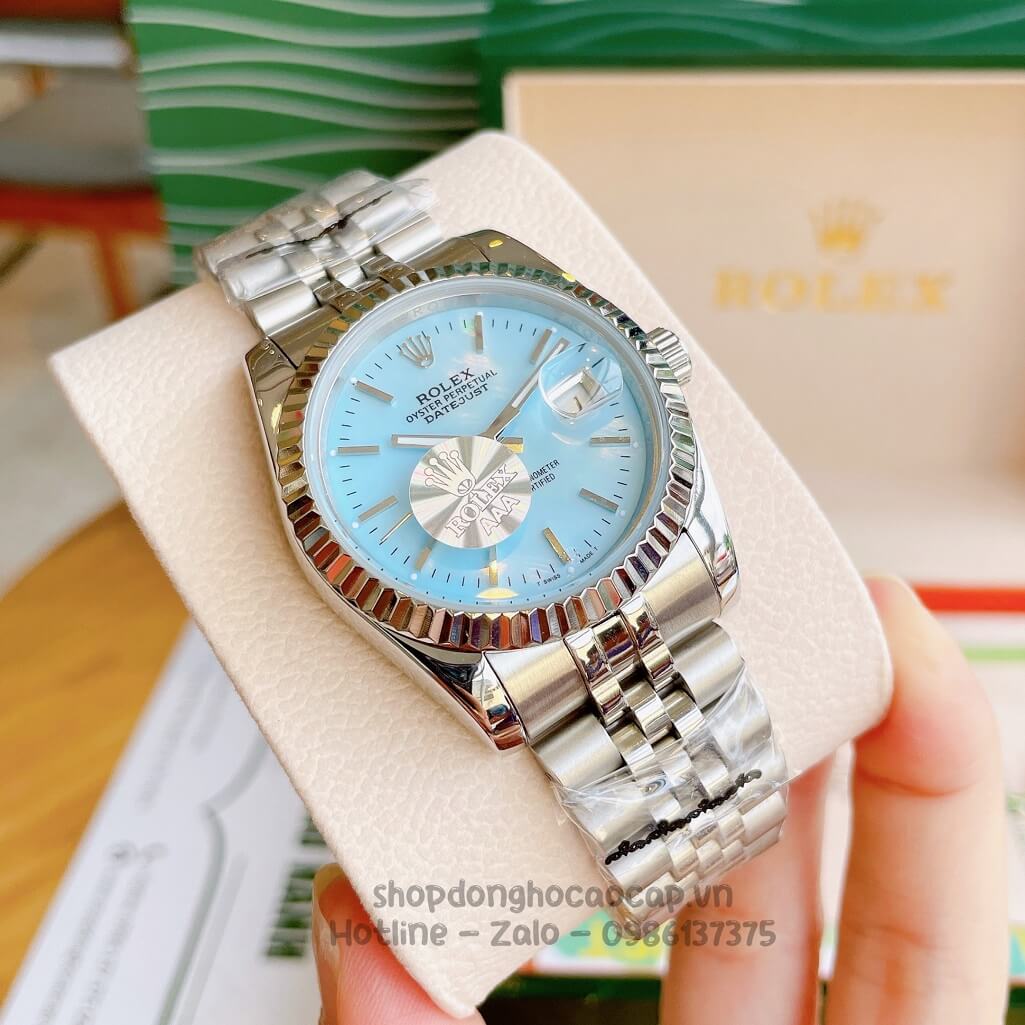 Đồng Hồ Rolex Datejust Cơ Tự Động Dây Kim Loại Bạc Mặt Xanh Xà Cừ 36mm Unisex