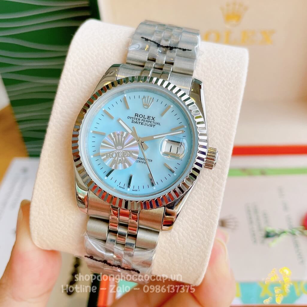Đồng Hồ Rolex Datejust Cơ Tự Động Dây Kim Loại Bạc Mặt Xanh Xà Cừ 36mm Unisex