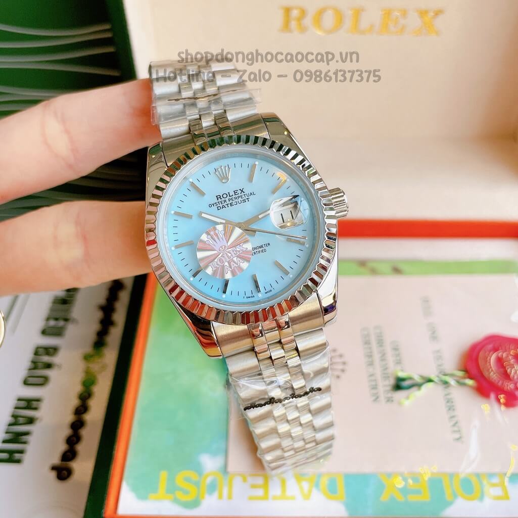 Đồng Hồ Rolex Datejust Cơ Tự Động Dây Kim Loại Bạc Mặt Xanh Xà Cừ 36mm Unisex