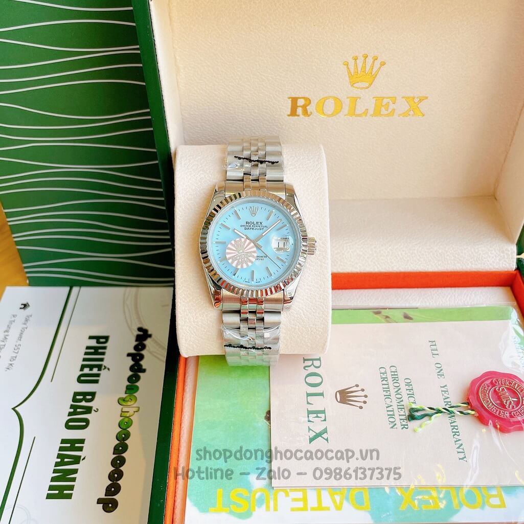 Đồng Hồ Rolex Datejust Cơ Tự Động Dây Kim Loại Bạc Mặt Xanh Xà Cừ 36mm Unisex