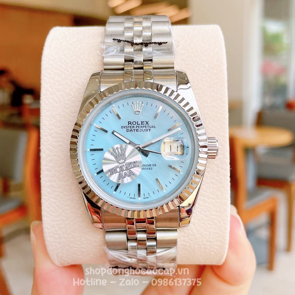 Đồng Hồ Rolex Datejust Cơ Tự Động Dây Kim Loại Bạc Mặt Xanh Xà Cừ 36mm Unisex