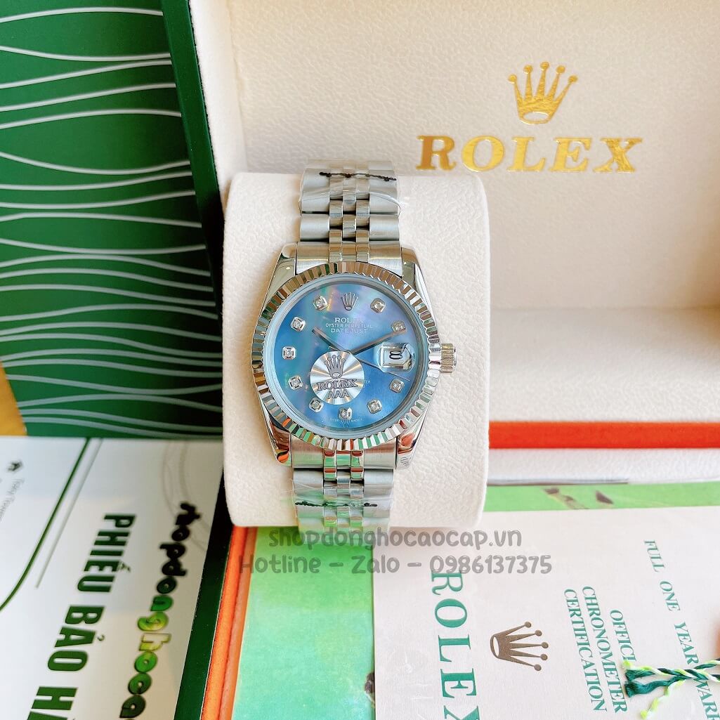 Đồng Hồ Rolex Datejust Cơ Tự Động Dây Kim Loại Bạc Mặt Xanh Xà Cừ 36mm Unisex