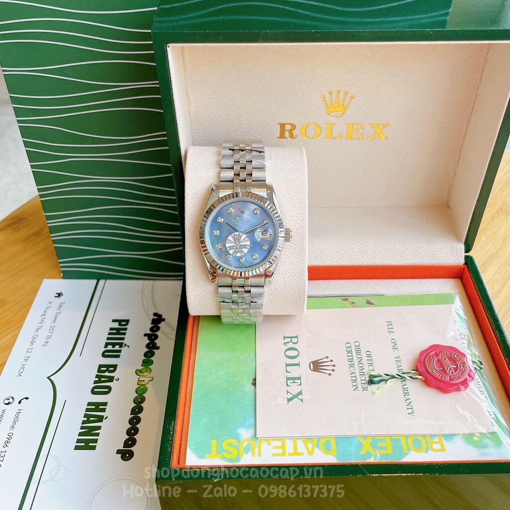 Đồng Hồ Rolex Datejust Cơ Tự Động Dây Kim Loại Bạc Mặt Xanh Xà Cừ 36mm Unisex