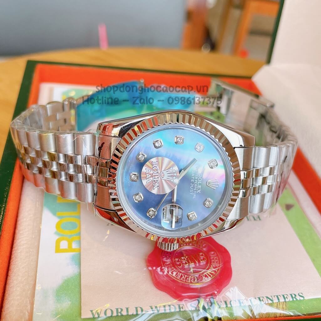 Đồng Hồ Rolex Datejust Cơ Tự Động Dây Kim Loại Bạc Mặt Xanh Xà Cừ 36mm Unisex