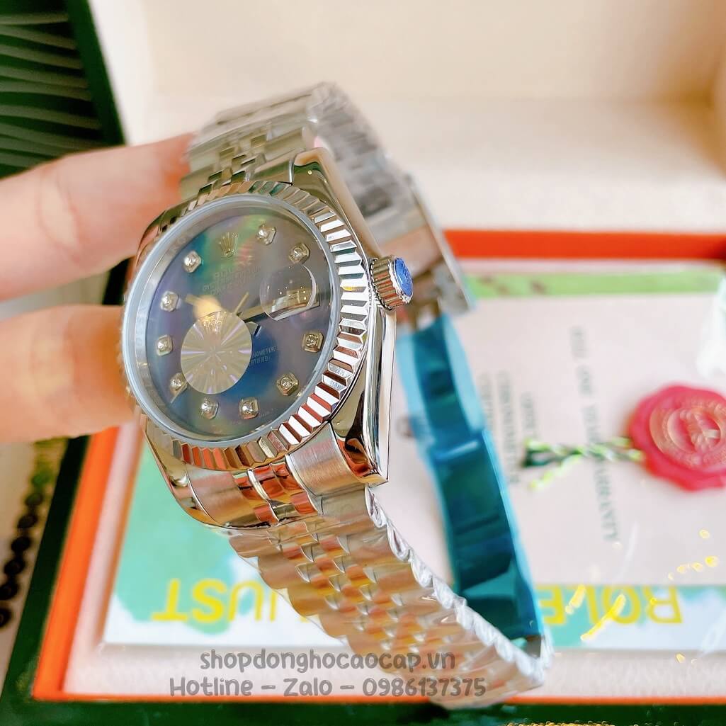 Đồng Hồ Rolex Datejust Cơ Tự Động Dây Kim Loại Bạc Mặt Xanh Xà Cừ 36mm Unisex