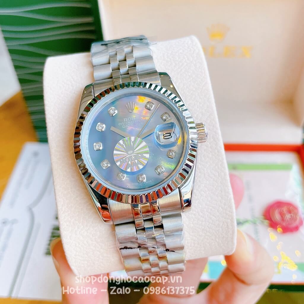 Đồng Hồ Rolex Datejust Cơ Tự Động Dây Kim Loại Bạc Mặt Xanh Xà Cừ 36mm Unisex