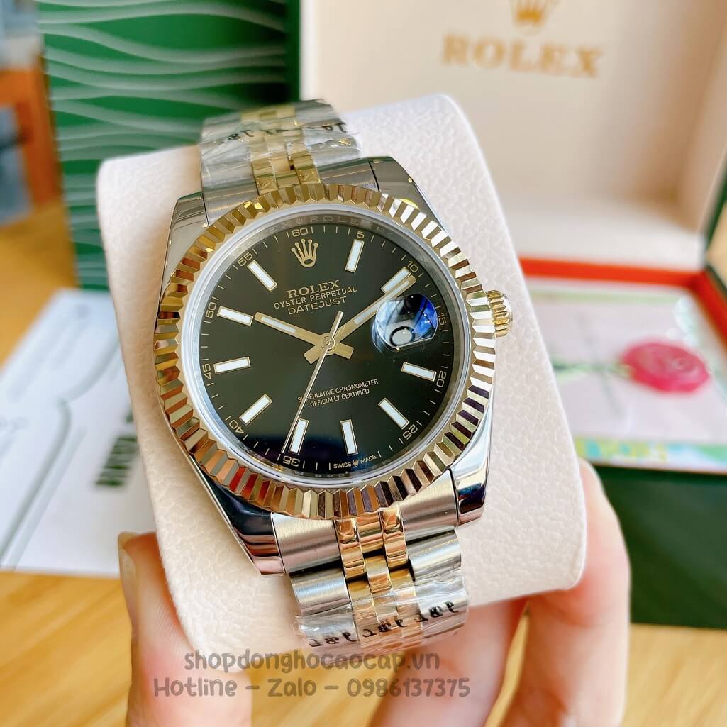 Đồng Hồ Rolex Datejust Cơ Tự Động Nam Demi Vàng Mặt Đen Phản Quang 41mm