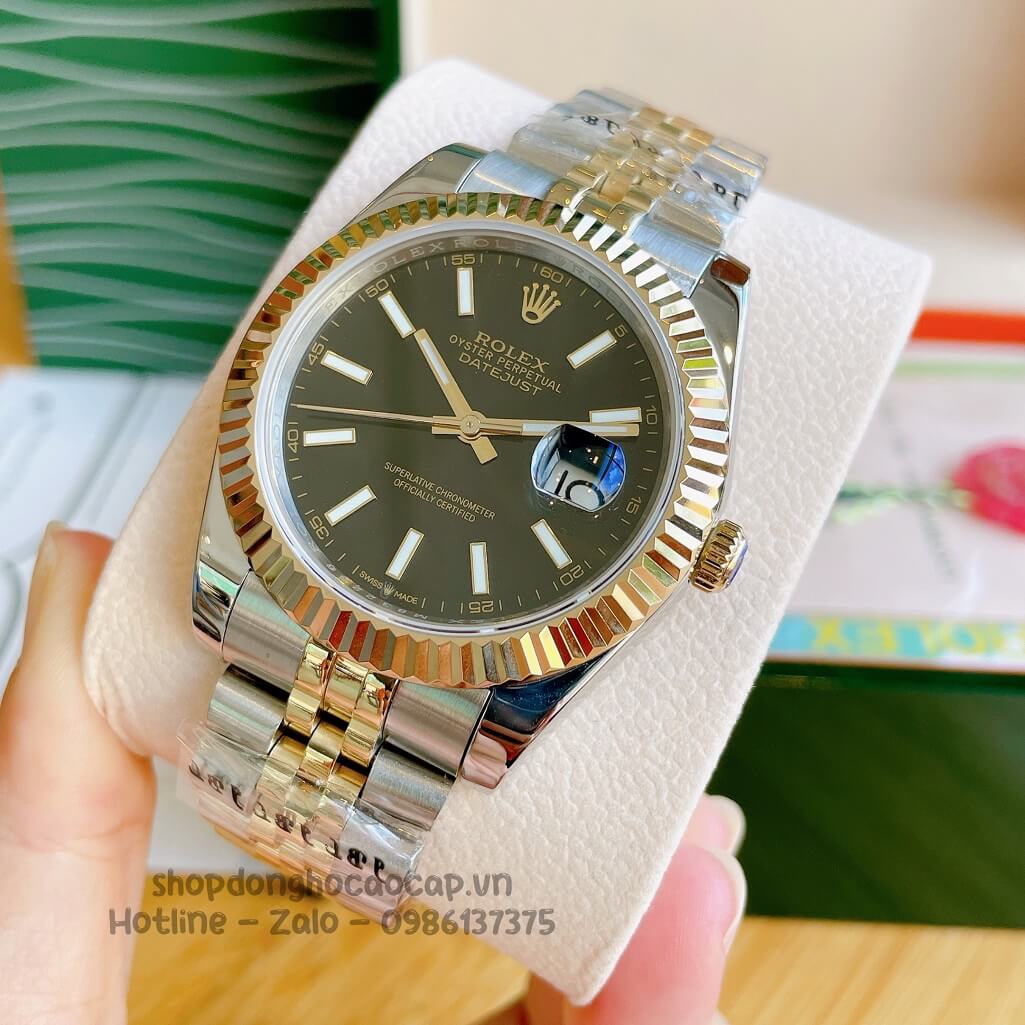 Đồng Hồ Rolex Datejust Cơ Tự Động Nam Demi Vàng Mặt Đen Phản Quang 41mm