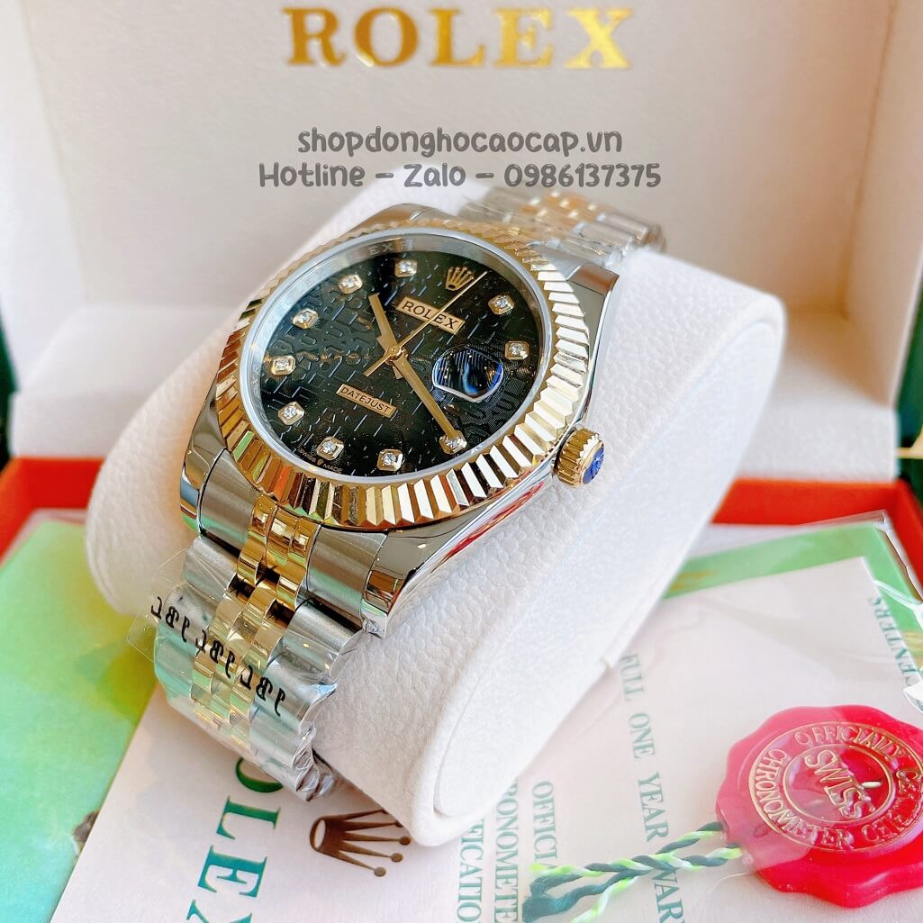 Đồng Hồ Rolex Datejust Cơ Tự Động Nam Dây Kim Loại Demi Vàng Mặt Đen Vân 3D 41mm