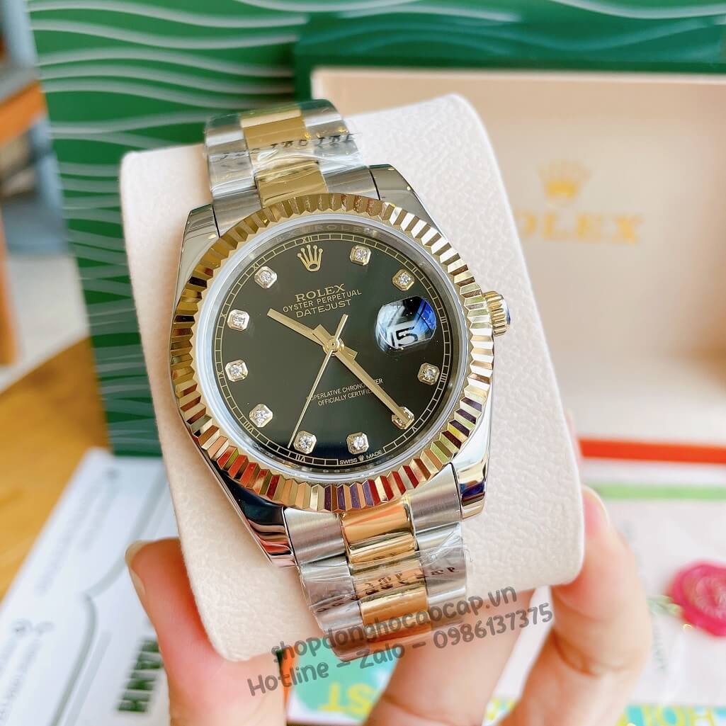 Đồng Hồ Rolex Datejust Cơ Tự Động Nam Dây Kim Loại Demi Vàng Mặt Đen 41mm