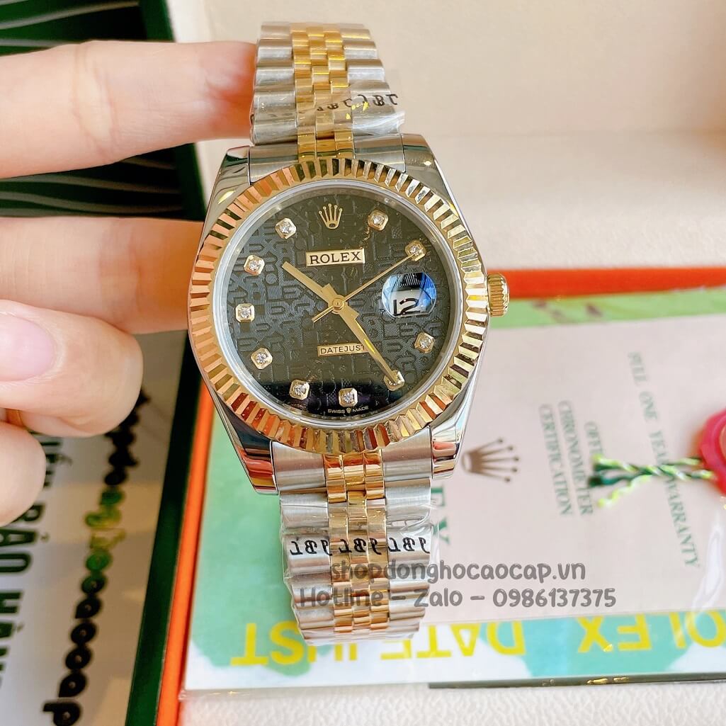 Đồng Hồ Rolex Datejust Cơ Tự Động Nam Dây Kim Loại Demi Vàng Mặt Đen Vân 3D 41mm