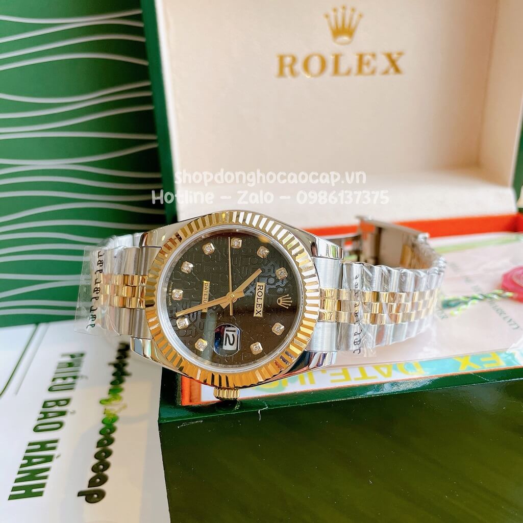 Đồng Hồ Rolex Datejust Cơ Tự Động Nam Dây Kim Loại Demi Vàng Mặt Đen Vân 3D 41mm