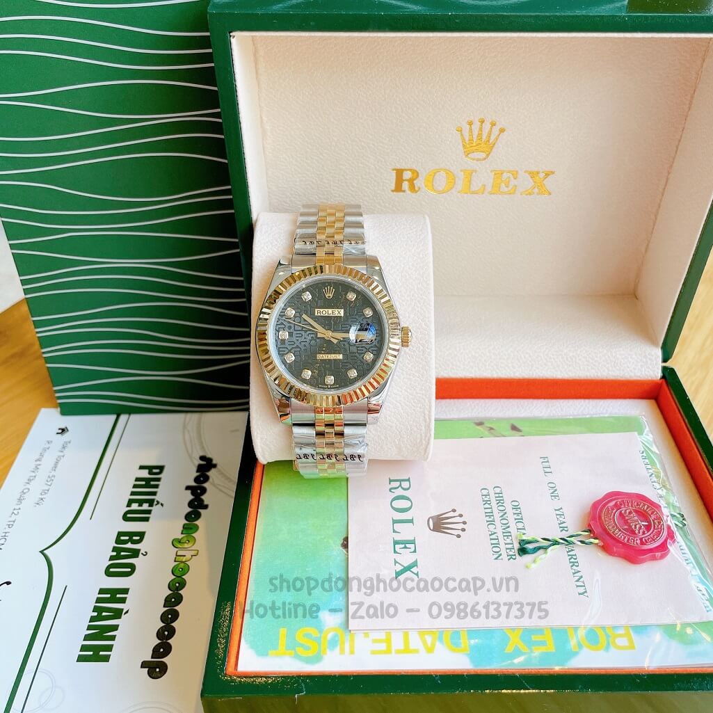 Đồng Hồ Rolex Datejust Cơ Tự Động Nam Dây Kim Loại Demi Vàng Mặt Đen Vân 3D 41mm