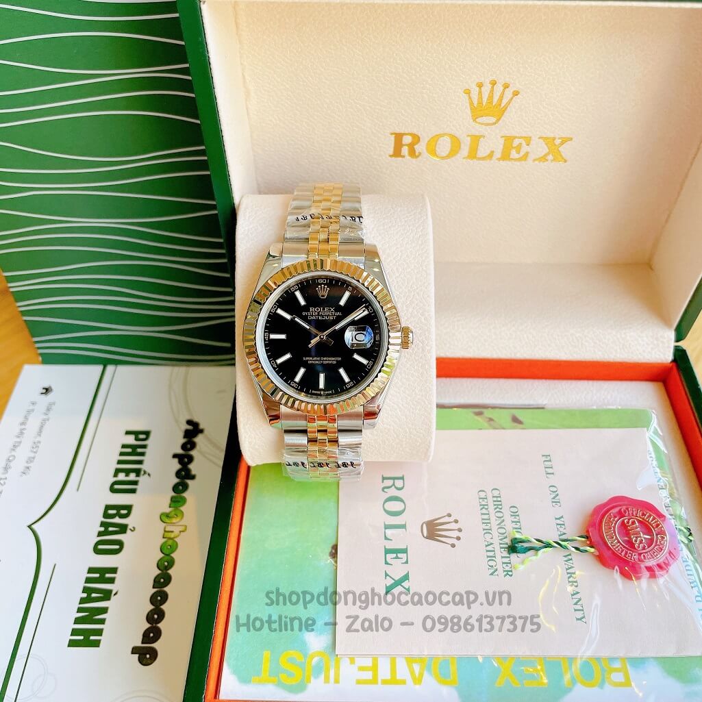 Đồng Hồ Rolex Datejust Cơ Tự Động Nam Demi Vàng Mặt Đen Phản Quang 41mm