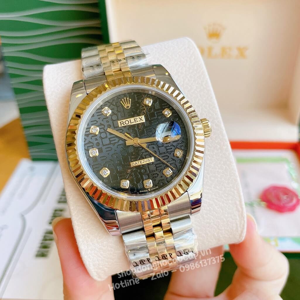 Đồng Hồ Rolex Datejust Cơ Tự Động Nam Dây Kim Loại Demi Vàng Mặt Đen Vân 3D 41mm