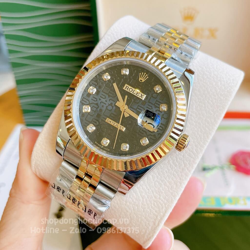 Đồng Hồ Rolex Datejust Cơ Tự Động Nam Dây Kim Loại Demi Vàng Mặt Đen Vân 3D 41mm