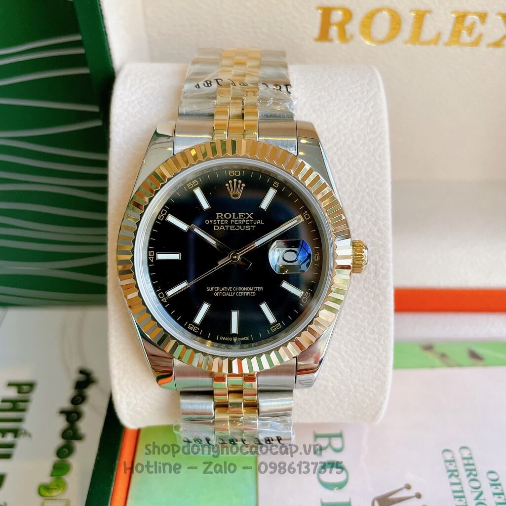 Đồng Hồ Rolex Datejust Cơ Tự Động Nam Demi Vàng Mặt Đen Phản Quang 41mm