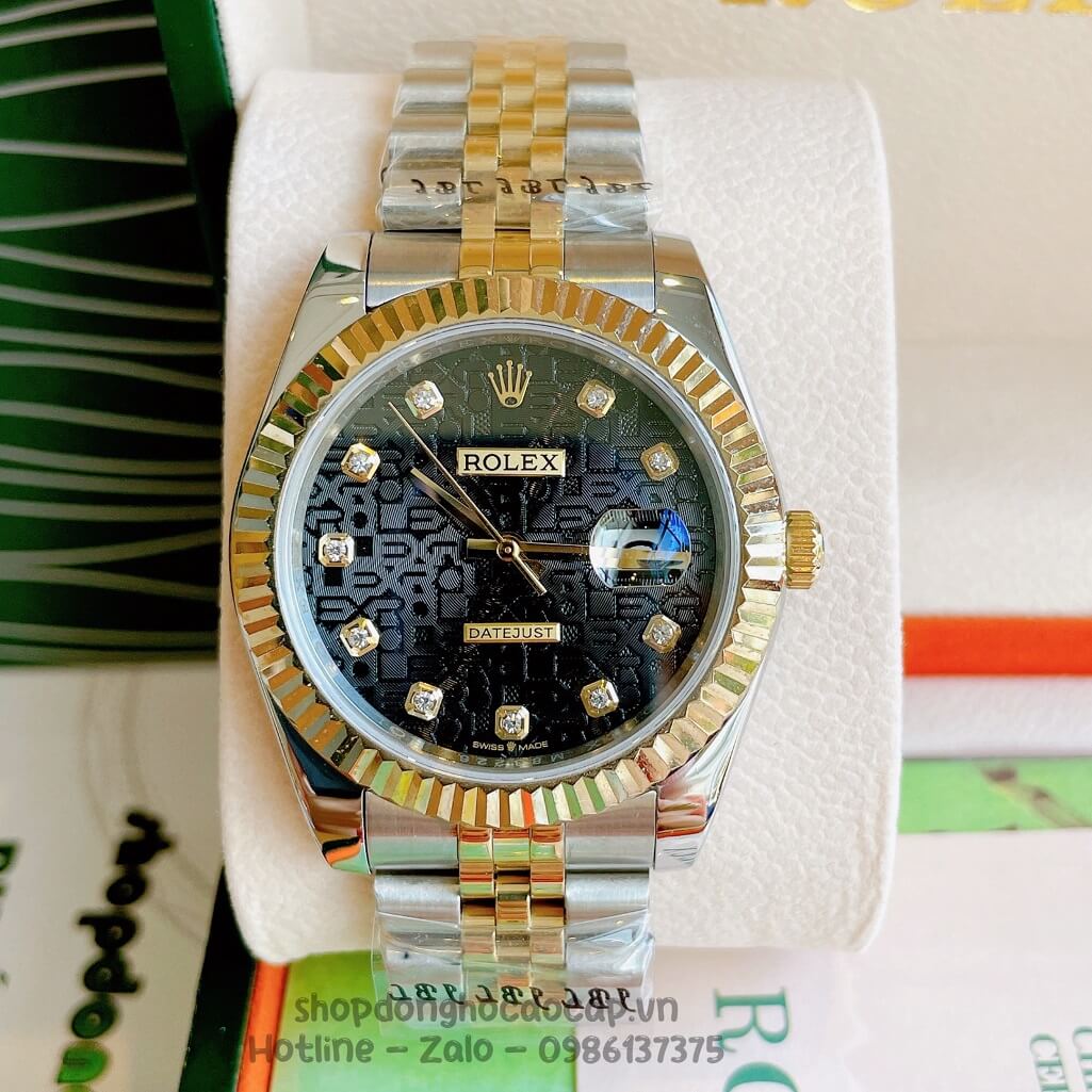 Đồng Hồ Rolex Datejust Cơ Tự Động Nam Dây Kim Loại Demi Vàng Mặt Đen Vân 3D 41mm