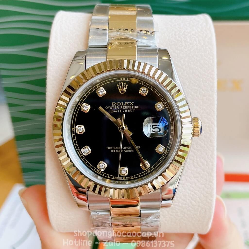 Đồng Hồ Rolex Datejust Cơ Tự Động Nam Dây Kim Loại Demi Vàng Mặt Đen 41mm