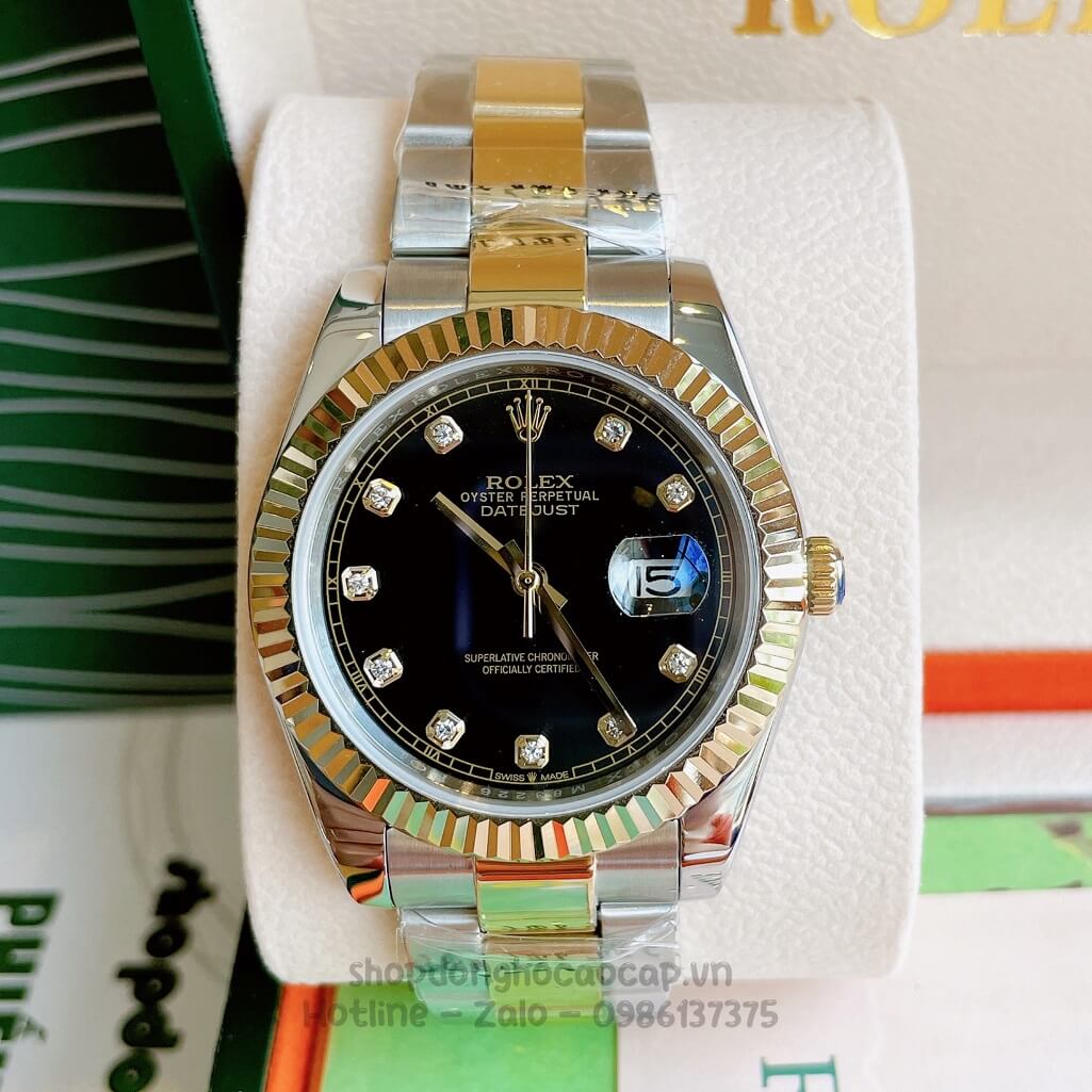 Đồng Hồ Rolex Datejust Cơ Tự Động Nam Dây Kim Loại Demi Vàng Mặt Đen 41mm