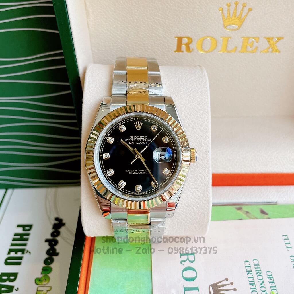 Đồng Hồ Rolex Datejust Cơ Tự Động Nam Dây Kim Loại Demi Vàng Mặt Đen 41mm