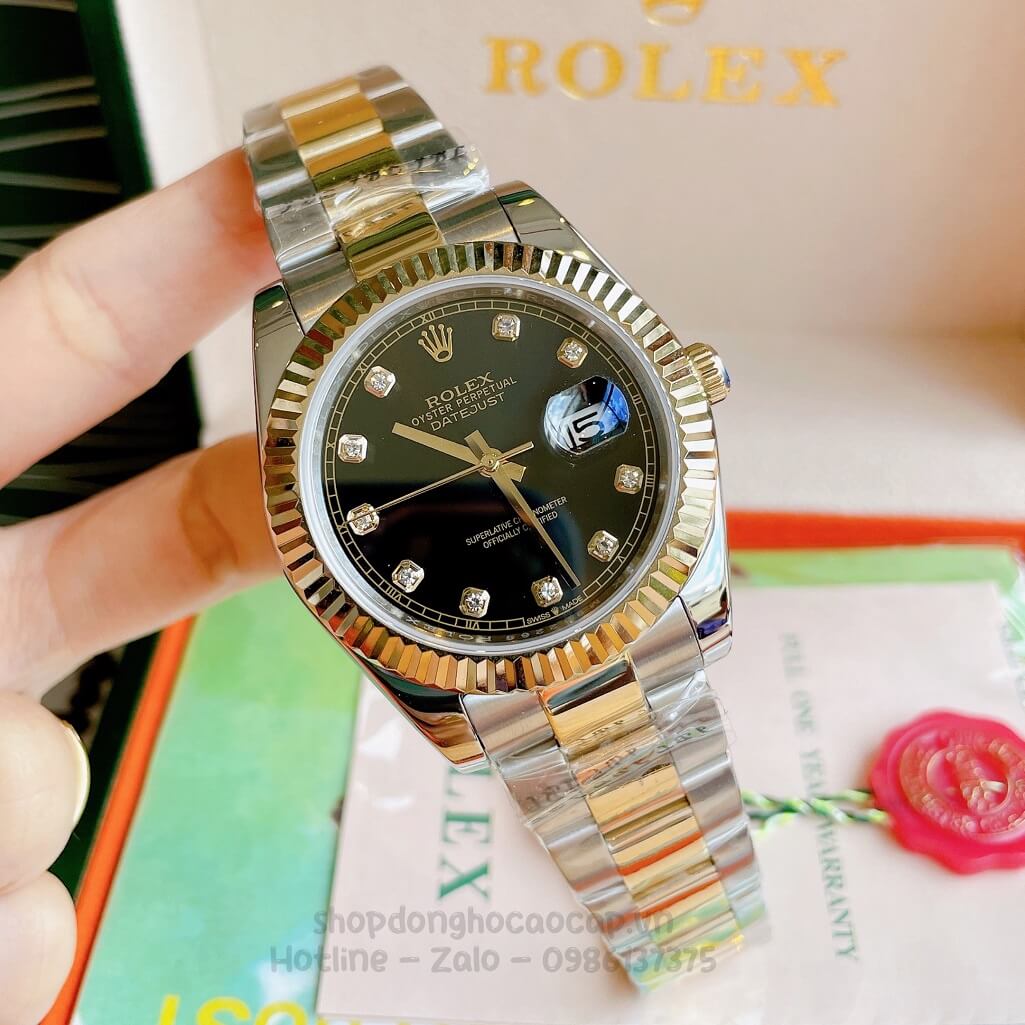 Đồng Hồ Rolex Datejust Cơ Tự Động Nam Dây Kim Loại Demi Vàng Mặt Đen 41mm