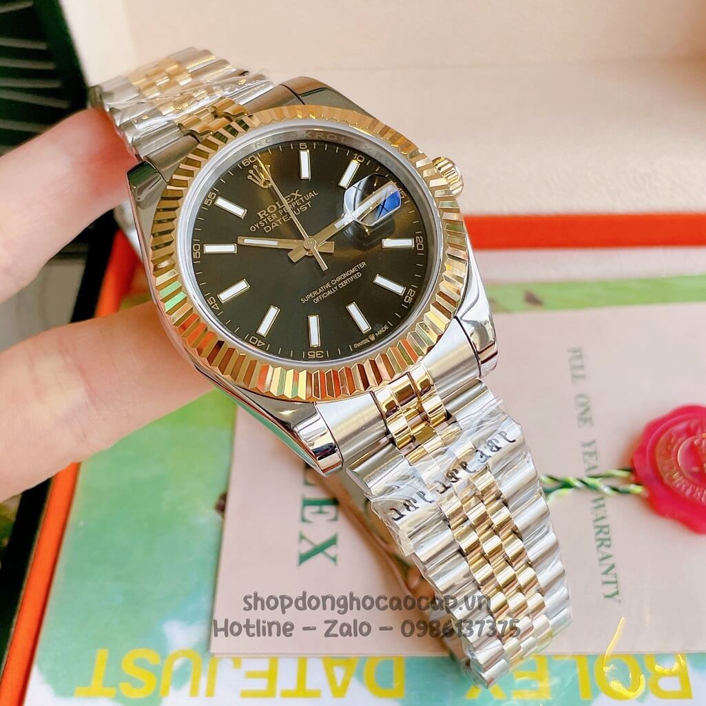 Đồng Hồ Rolex Datejust Cơ Tự Động Nam Demi Vàng Mặt Đen Phản Quang 41mm