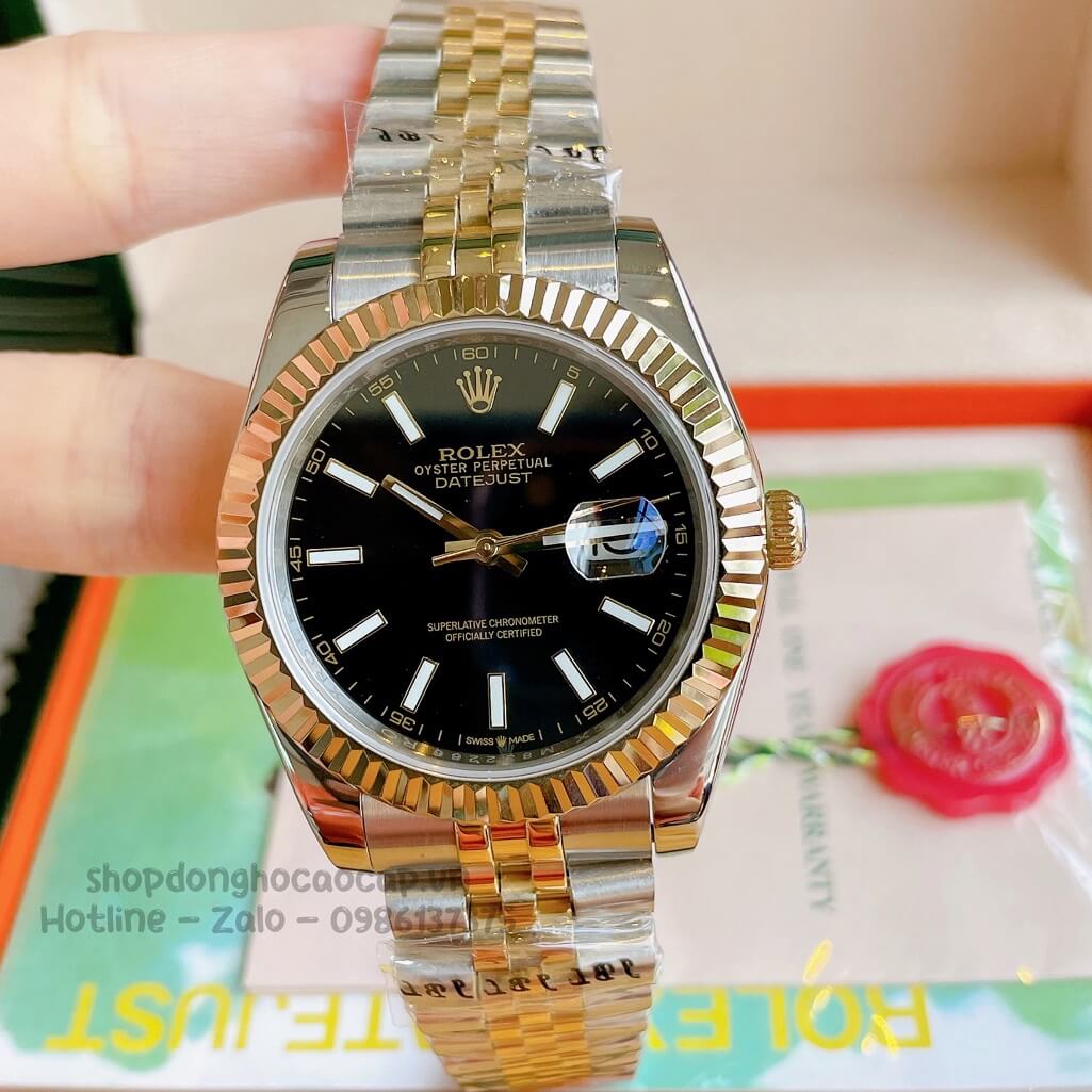 Đồng Hồ Rolex Datejust Cơ Tự Động Nam Demi Vàng Mặt Đen Phản Quang 41mm