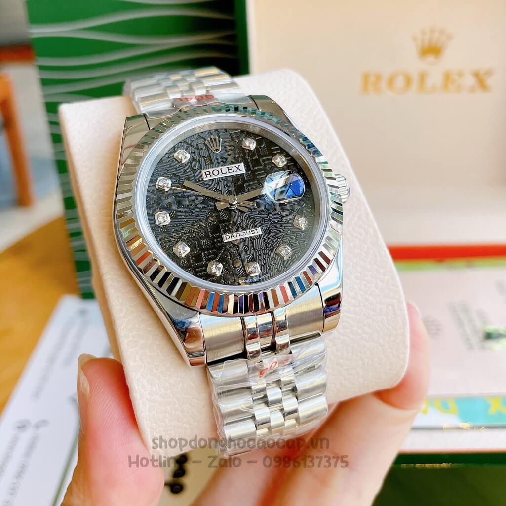 Đồng Hồ Rolex Datejust Cơ Tự Động Nam Dây Thép Silver Mặt Đen Vân 3D 41mm