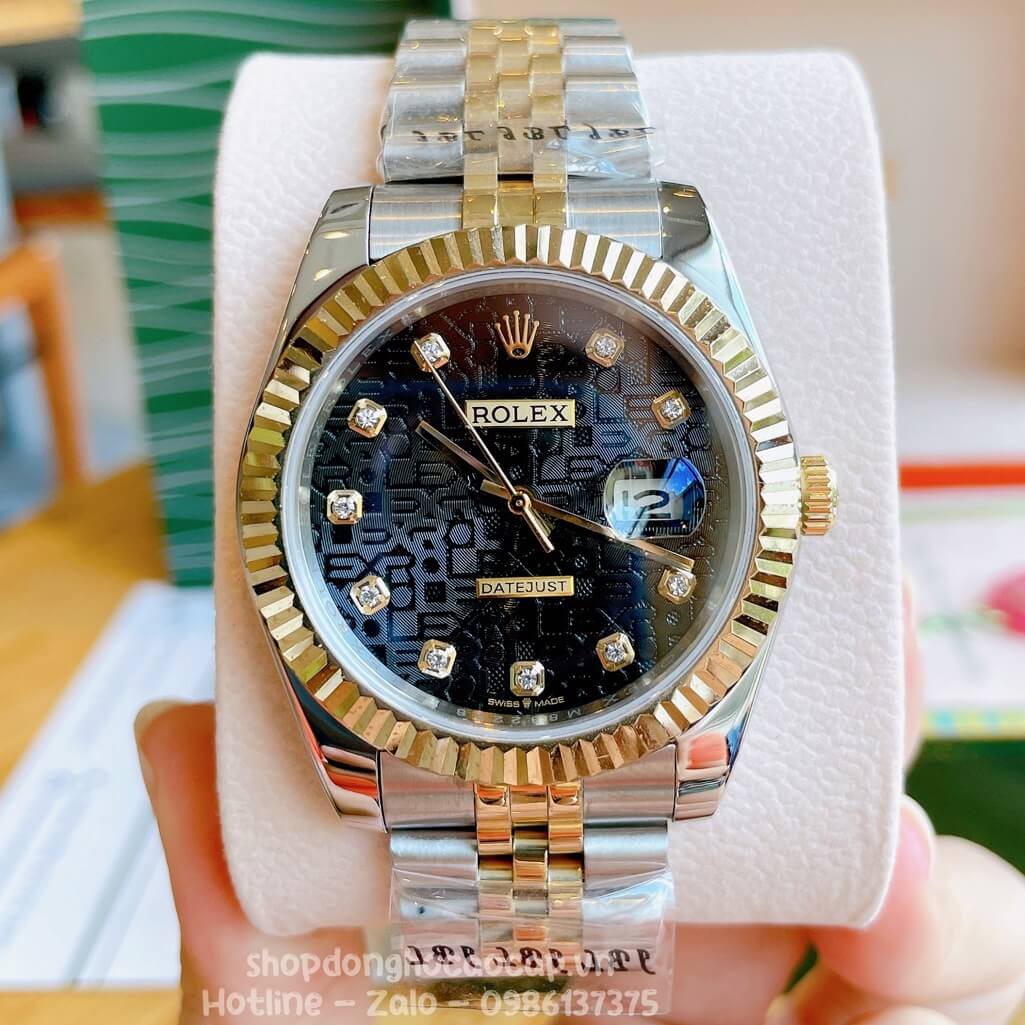 Đồng Hồ Rolex Datejust Cơ Tự Động Nam Dây Kim Loại Demi Mặt Đen 3D 41mm