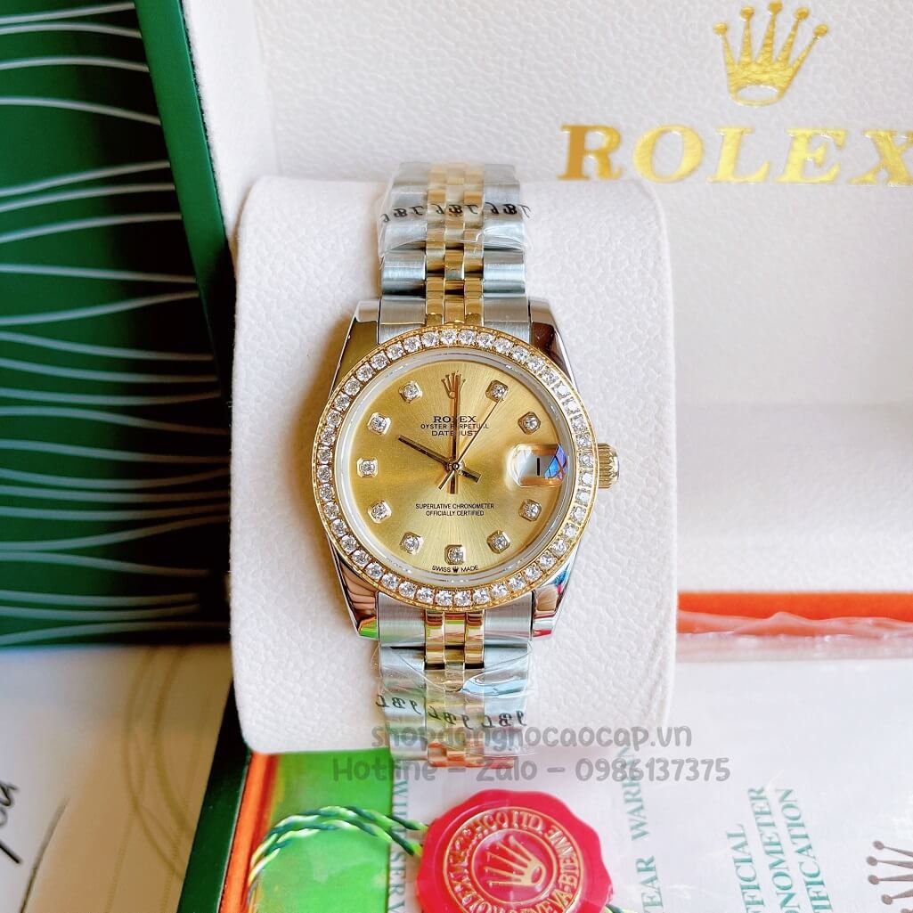 Đồng Hồ Rolex Datejust Cơ Tự Động Nữ Demi Mặt Vàng Đính Đá 31mm