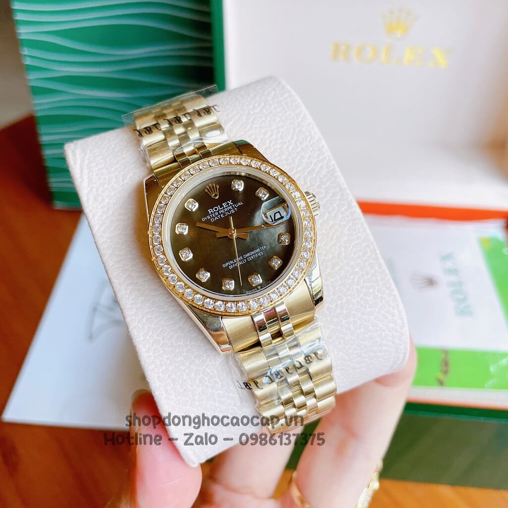 Đồng Hồ Rolex Datejust Cơ Tự Động Nữ Vàng Mặt Đen Xà Cừ Đính Đá 31mm